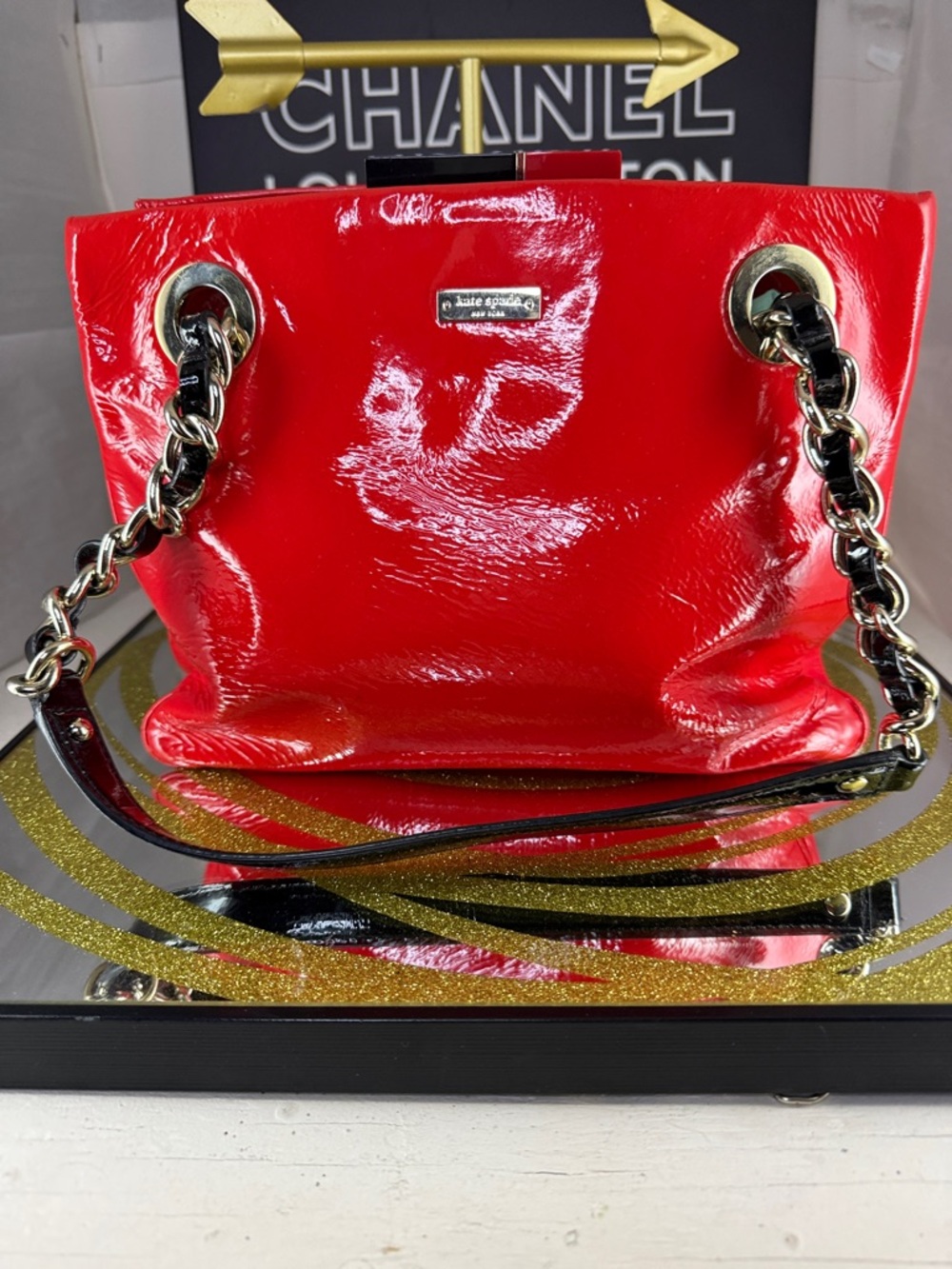 kate spade Red Patent Leather Chain-Shoulder Bag with Black Trim & Lipstick lock